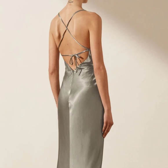 Shona Joy La Lune Asymmetrical Bias Cowl Midi Dress Sage/ Green Silk/ Adjustable - Picture 3 of 16